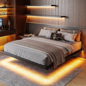 Feonase Full Size Floating Bed Frame with Charging Station and Led Lights, Metal Bed Frame with Heavy Duty Steel Slats Supports, No Box Spring Needed, Easy Assembly, Black Feonase Full Size Floating Bed Frame with Charging Station and Led Lights, Metal Bed Frame with Heavy Duty Steel Slats Supports, No Box Spring Needed, Easy Assembly, Black