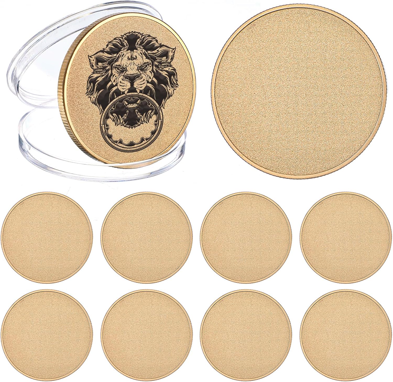 10 Pcs Blank Coins for Engraving Bulk, Blank Gold Coins Bulk 40 mm with Threaded Edged, Brass Challenge Coin Blanks with Acrylic Box for DIY Crafts, Commemorative, Collection Supplies, Laser Engraving