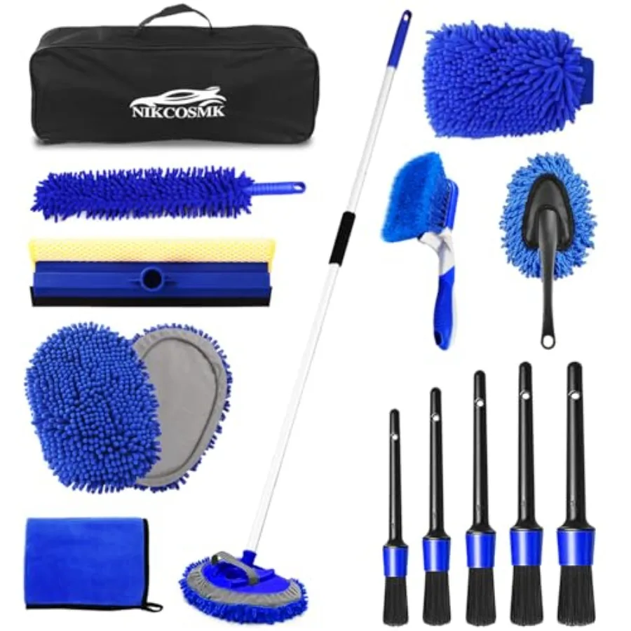 62'' Car Wash Brush Kit Mitt Mop Sponge with Long Handle, 1 Chenille Scratch-Free Replacement Head, Windshield Window Squeegee,